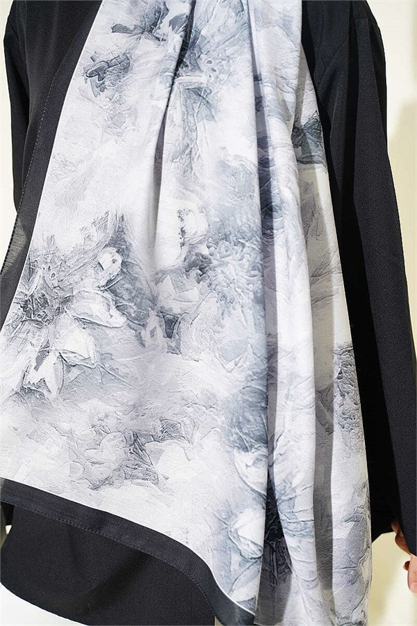 Fine Line Detail Floral Scarf Black Smoke