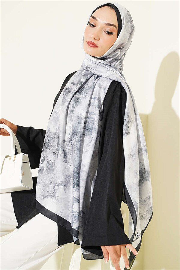 Fine Line Detail Floral Scarf Black Smoke