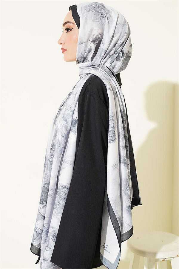 Fine Line Detail Floral Scarf Black Smoke