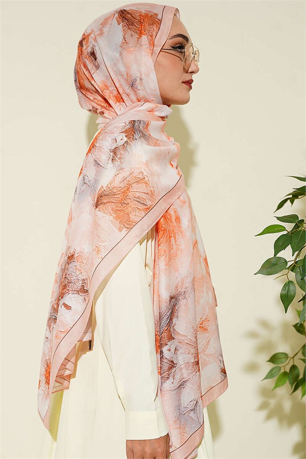 Fine Line Detail Floral Scarf Salmon