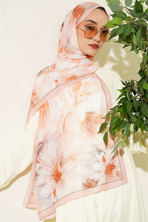 Fine Line Detail Floral Scarf Salmon