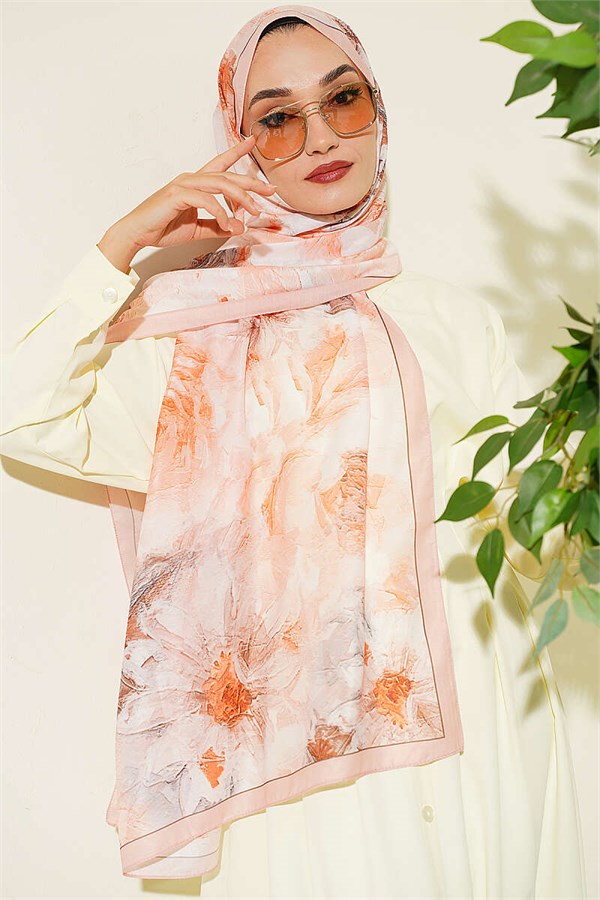 Fine Line Detail Floral Scarf Salmon