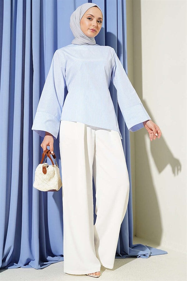 Fine Striped Asymmetrical Cut Tunic Blue