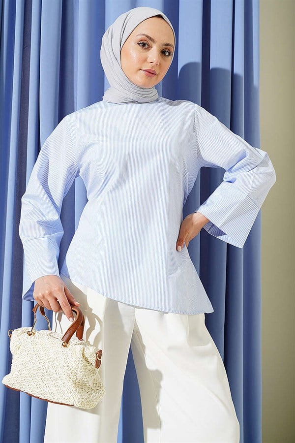 Fine Striped Asymmetrical Cut Tunic Blue