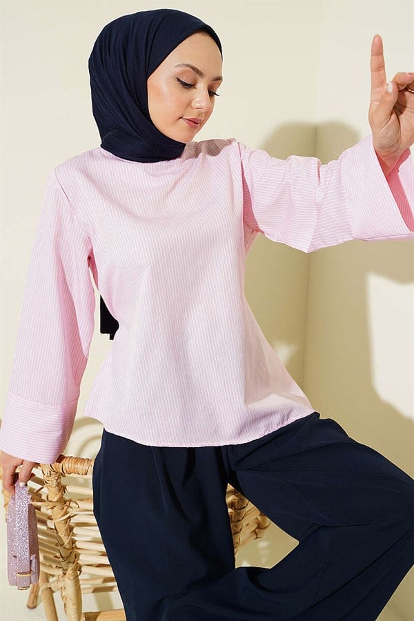 Fine Striped Asymmetrical Cut Tunic Pink