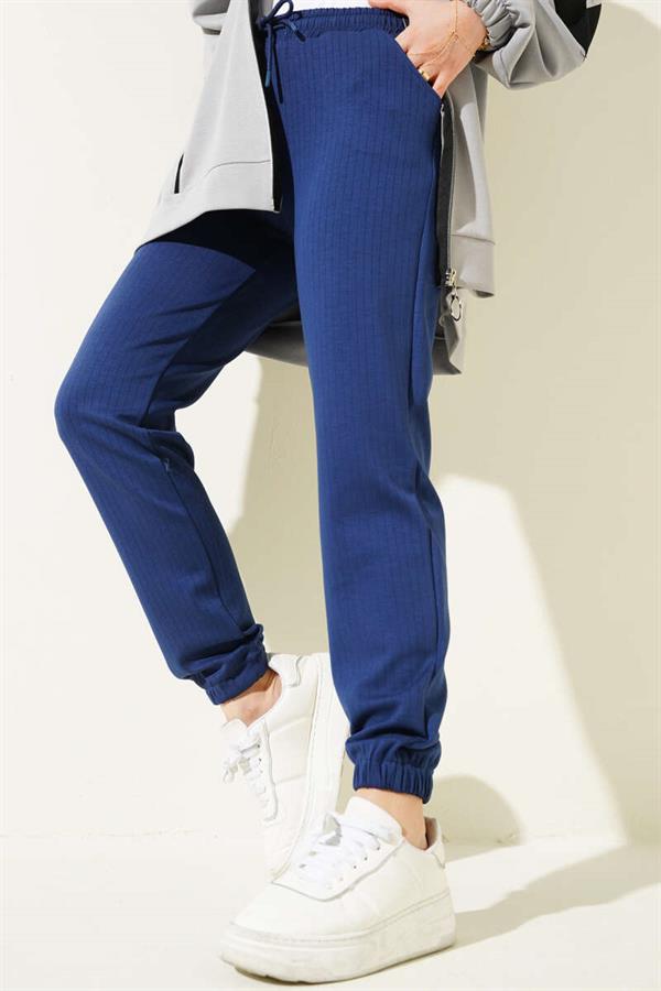 Thin Striped Waist Drawstring Jogger Pants Navy Blue