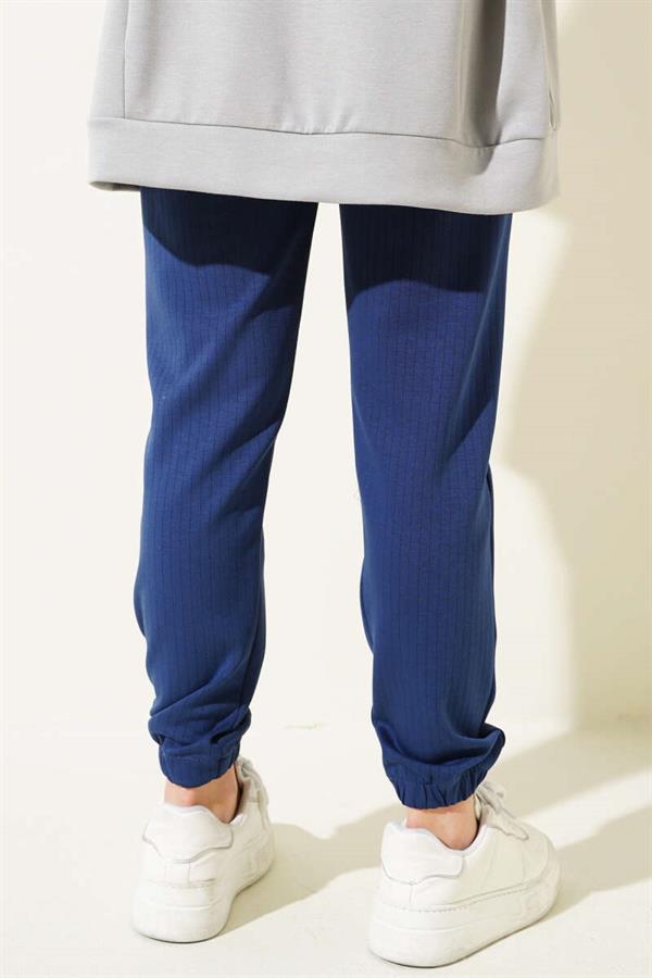 Thin Striped Waist Drawstring Jogger Pants Navy Blue