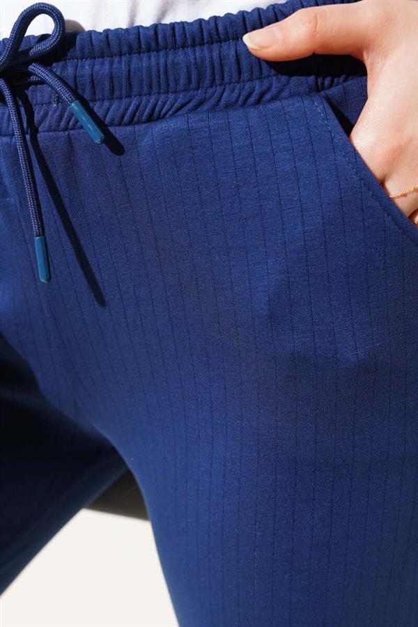 Thin Striped Waist Drawstring Jogger Pants Navy Blue