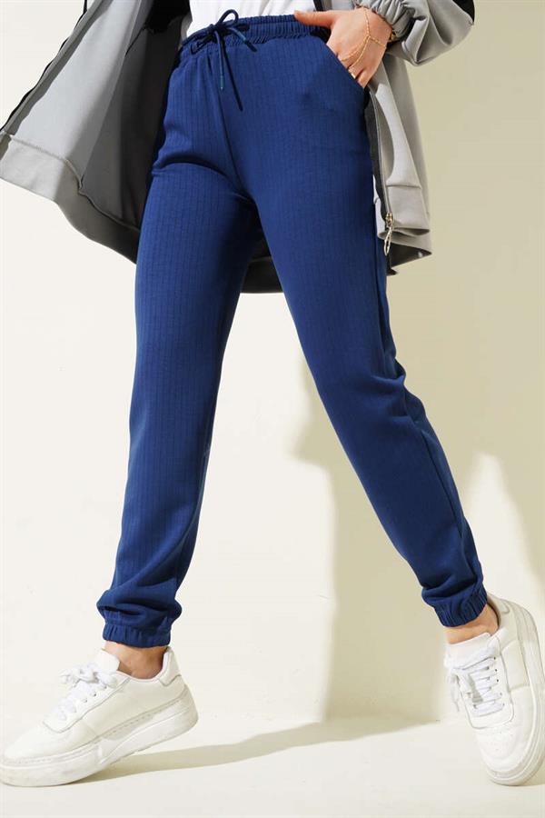 Thin Striped Waist Drawstring Jogger Pants Navy Blue