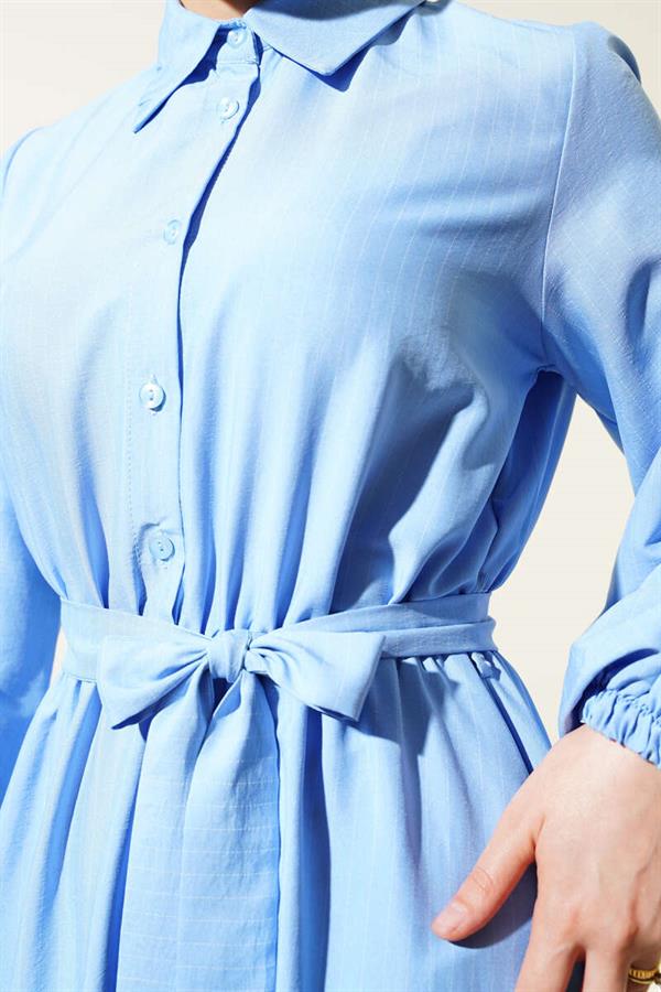 Thin Striped Elastic Waist Half Button Dress Blue