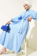 Thin Striped Elastic Waist Half Button Dress Blue