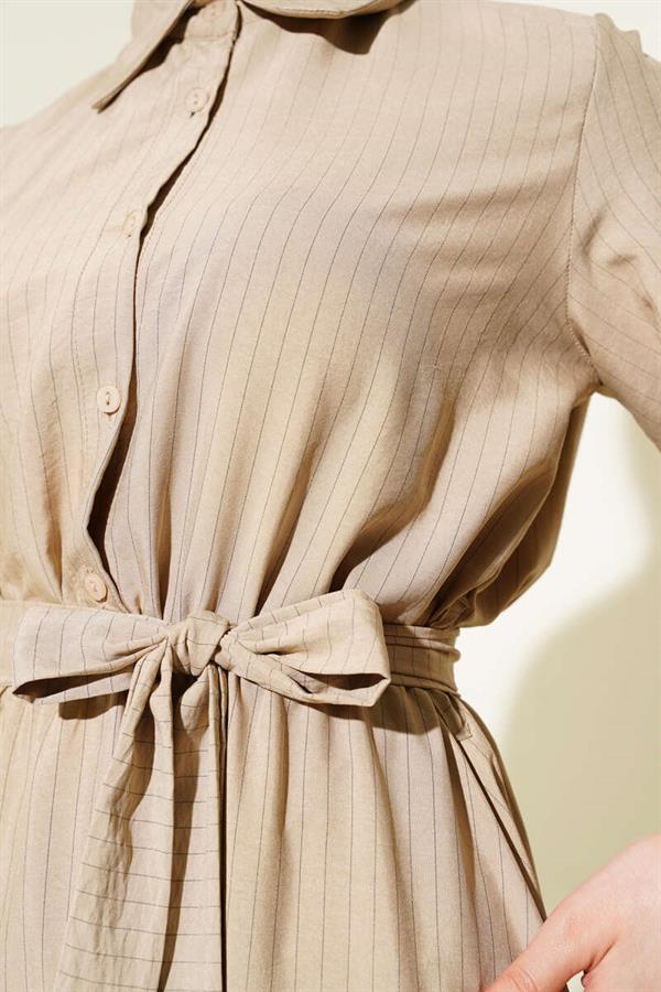 Thin Striped Elastic Waist Half Buttoned Dress Mink
