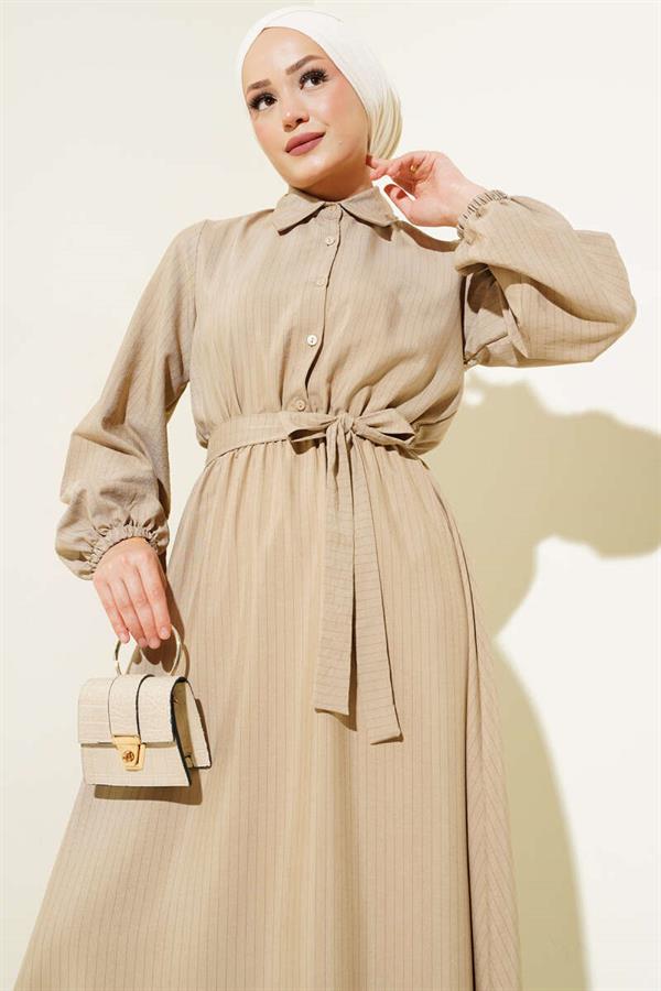 Thin Striped Elastic Waist Half Buttoned Dress Mink