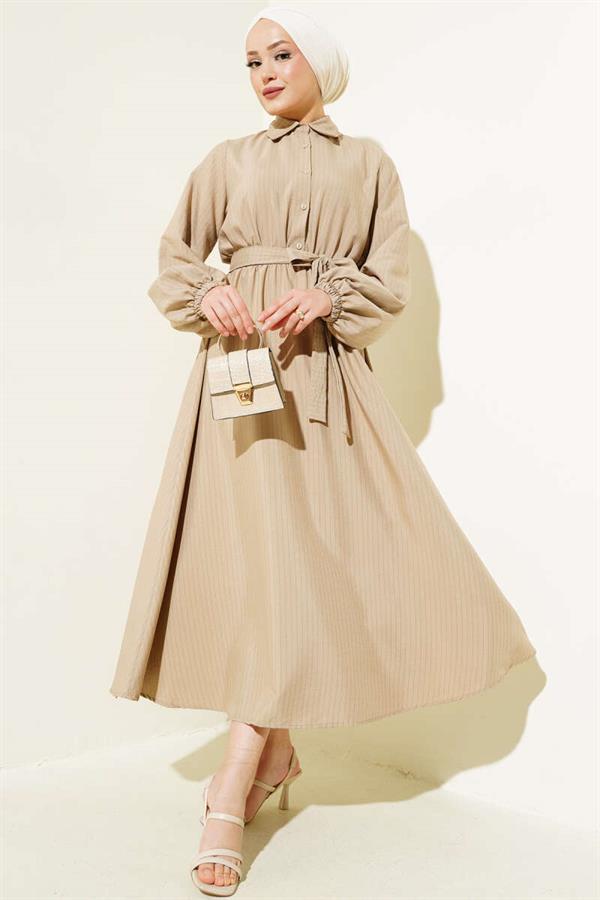 Thin Striped Elastic Waist Half Buttoned Dress Mink