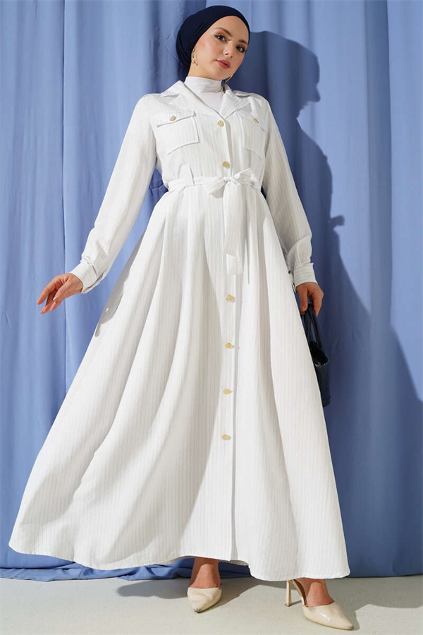White Striped Button-Down Dress
