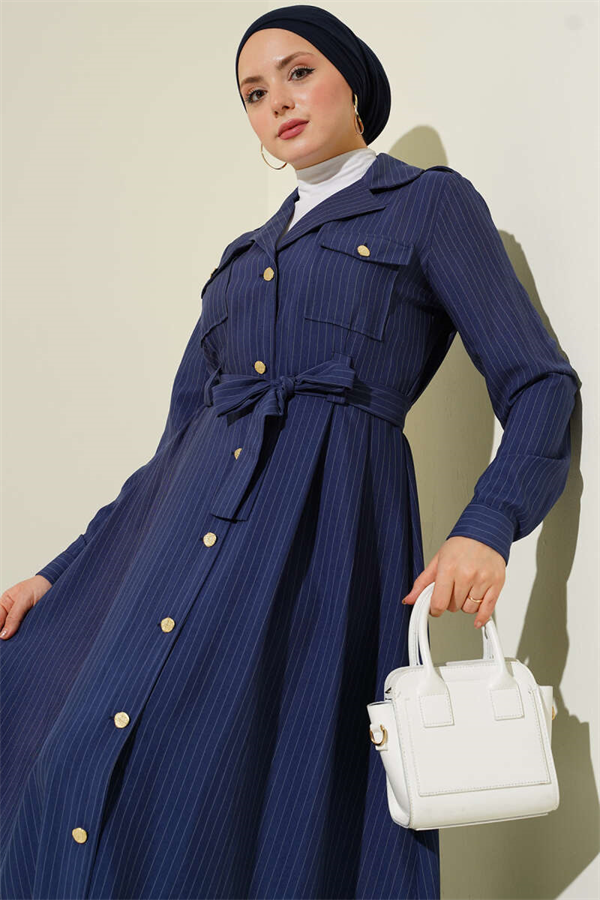 Fine Striped Full-Length Button-Down Dress Navy Blue