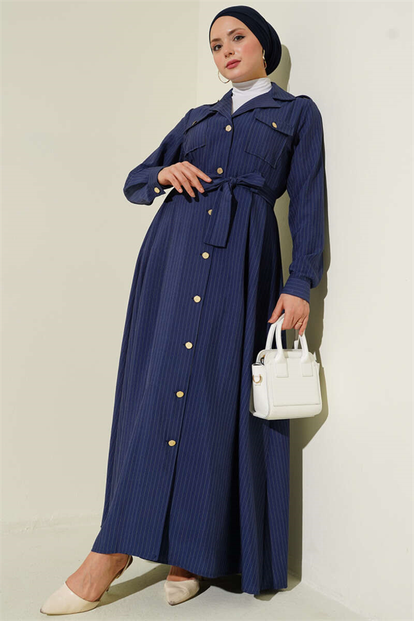 Fine Striped Full-Length Button-Down Dress Navy Blue