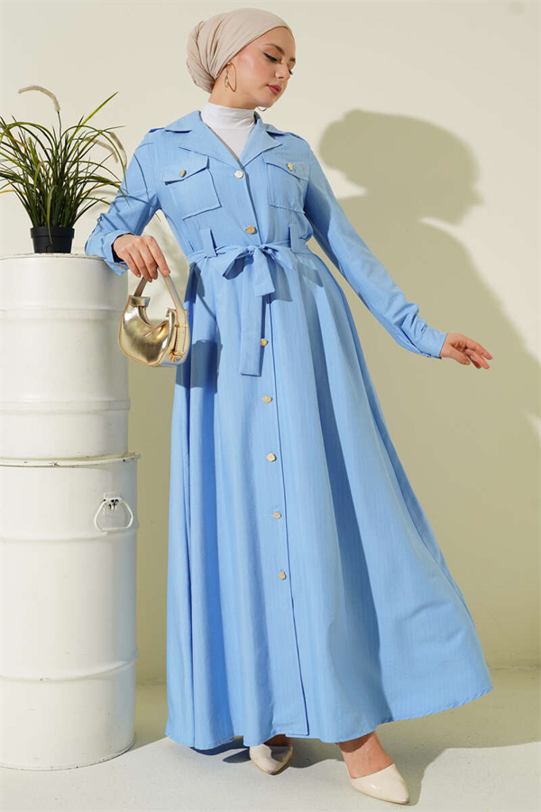 Fine Striped Full-Length Button-Down Dress, Blue