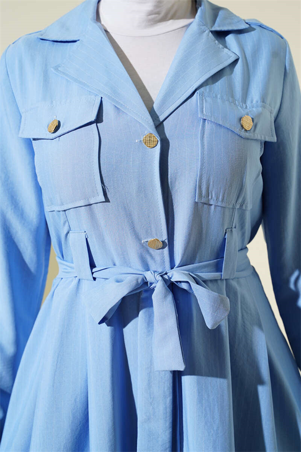 Fine Striped Full-Length Button-Down Dress, Blue