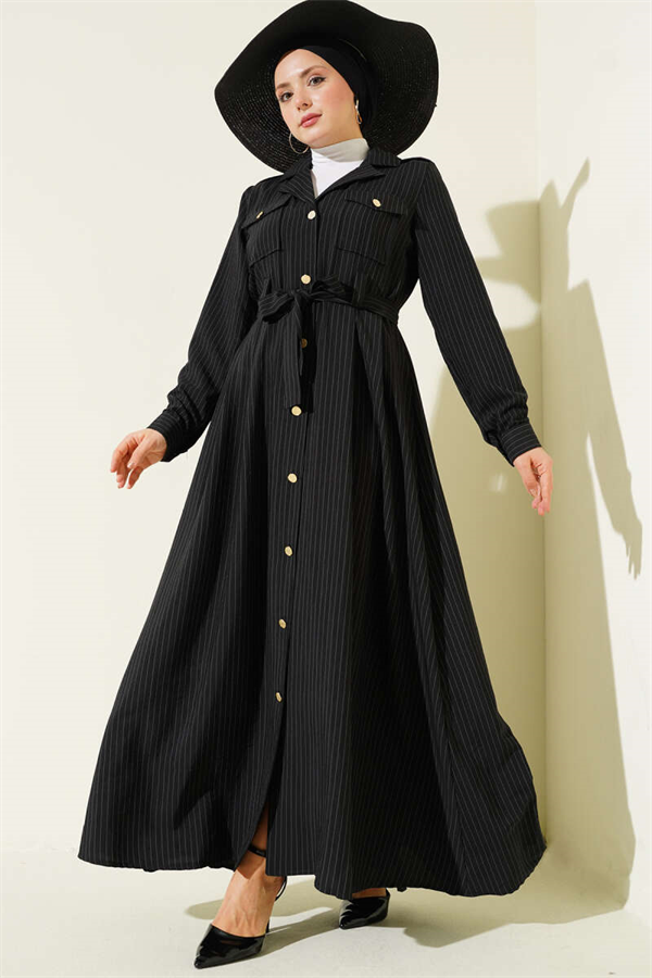 Black Pinstripe Button-Down Dress