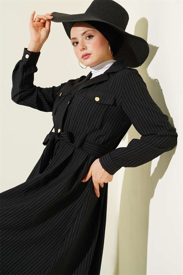 Black Pinstripe Button-Down Dress