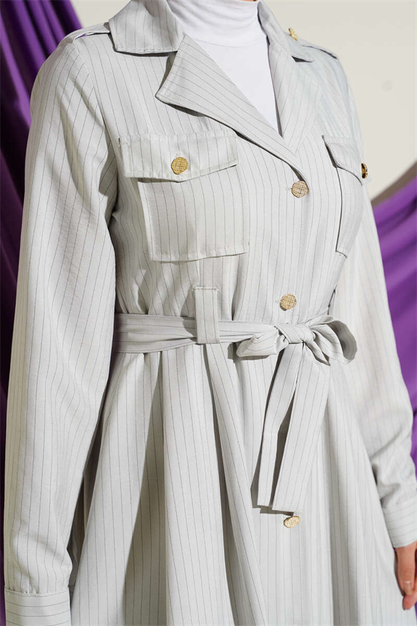 Thin Striped Full-Length Buttoned Dress Stone
