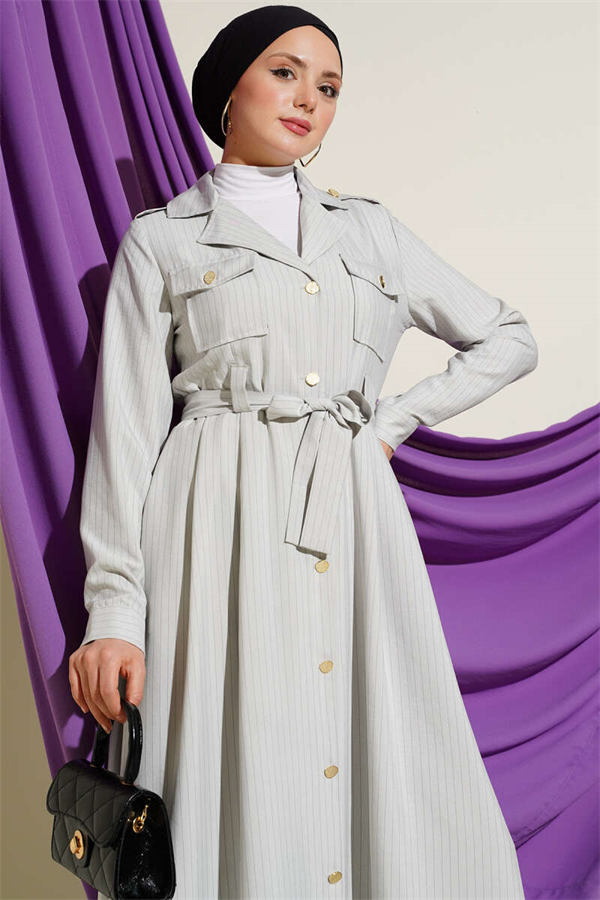 Thin Striped Full-Length Buttoned Dress Stone