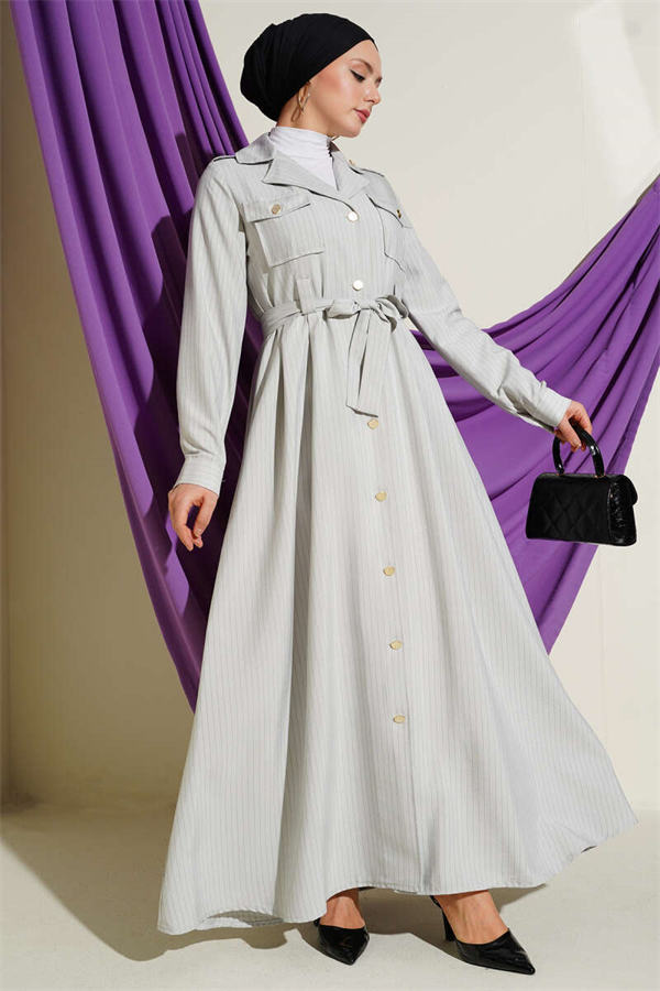 Thin Striped Full-Length Buttoned Dress Stone