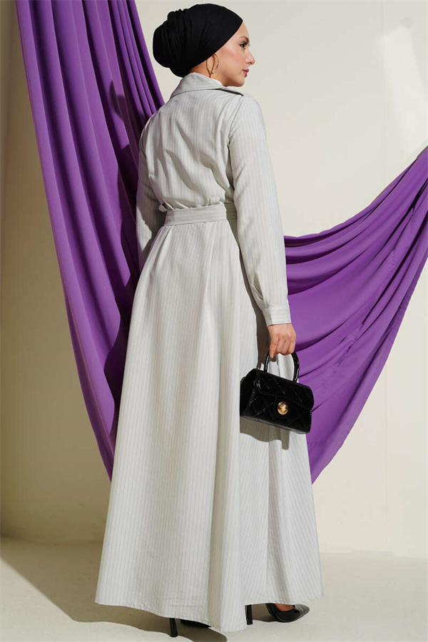 Thin Striped Full-Length Buttoned Dress Stone