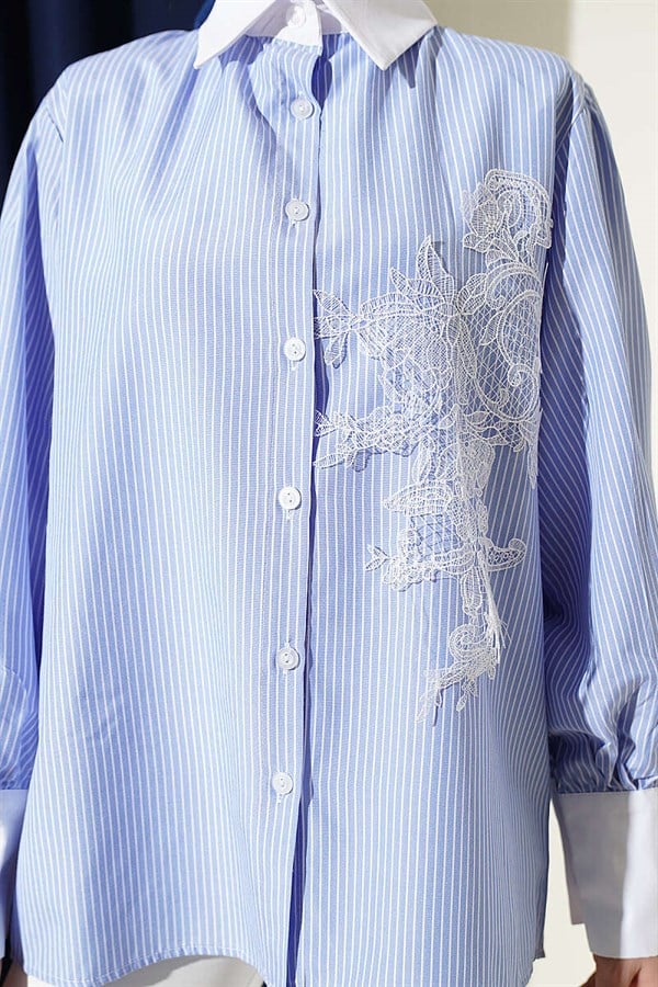 Blue Shirt with Fine Striped Lace Detail