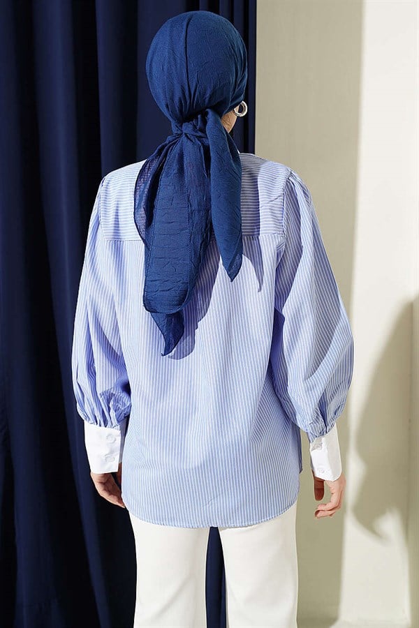 Blue Shirt with Fine Striped Lace Detail