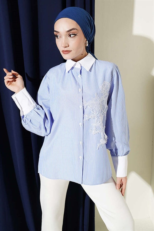 Blue Shirt with Fine Striped Lace Detail
