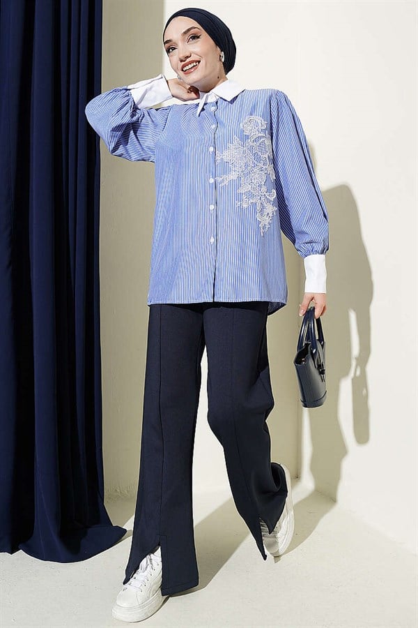 Fine Striped Guipure Detail Shirt (Navy Blue)
