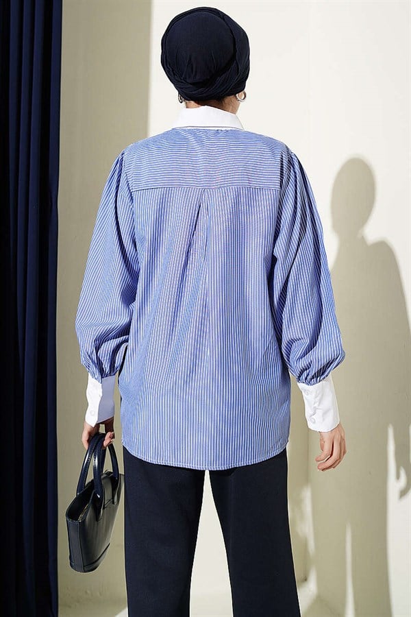 Fine Striped Guipure Detail Shirt (Navy Blue)