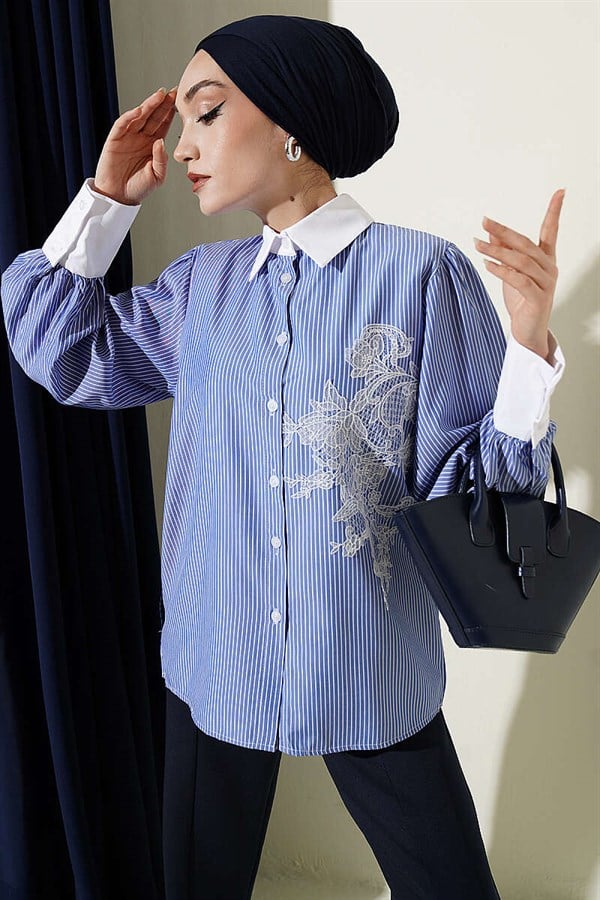 Fine Striped Guipure Detail Shirt (Navy Blue)