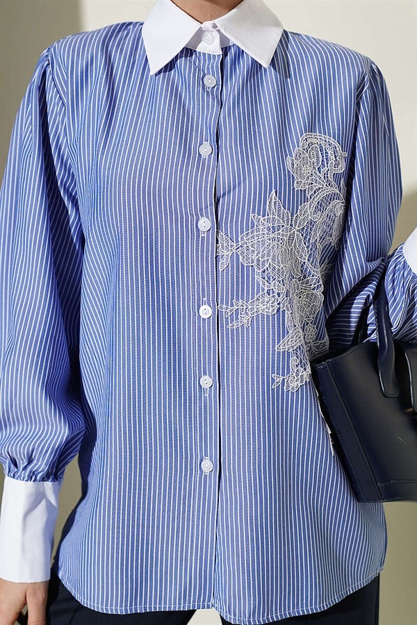 Fine Striped Guipure Detail Shirt (Navy Blue)