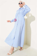 Pinstripe Belted Buttoned Dress Blue