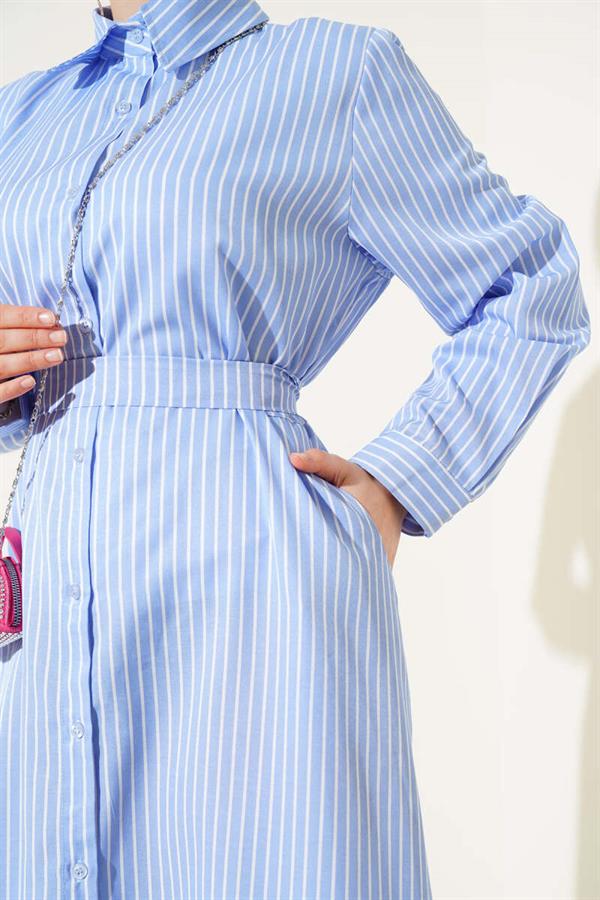 Pinstripe Belted Buttoned Dress Blue