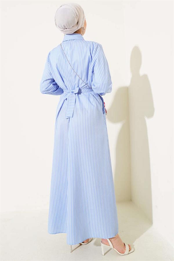 Pinstripe Belted Buttoned Dress Blue