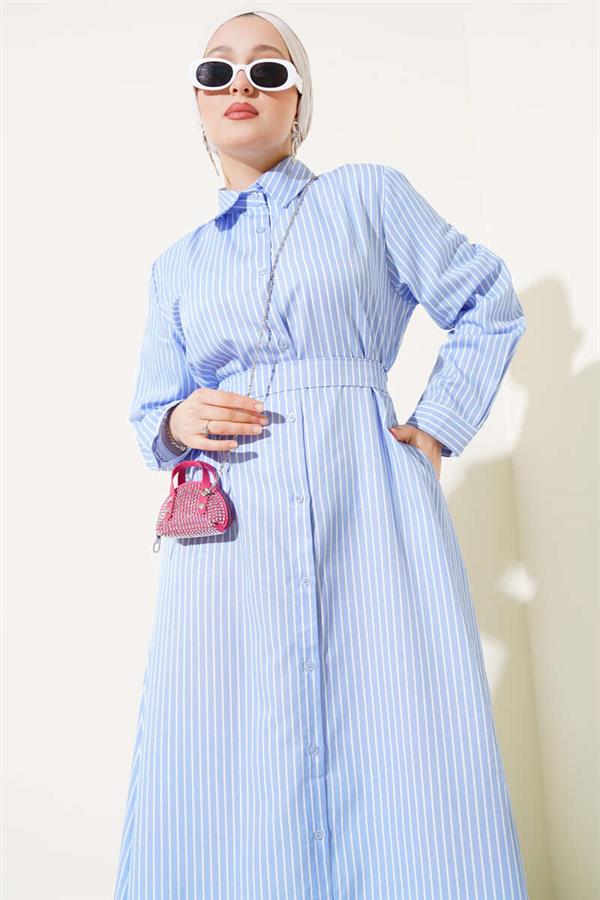 Pinstripe Belted Buttoned Dress Blue