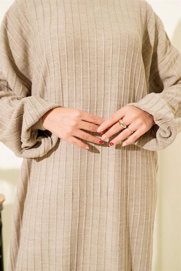 Thin Striped Casual Knit Dress Beige