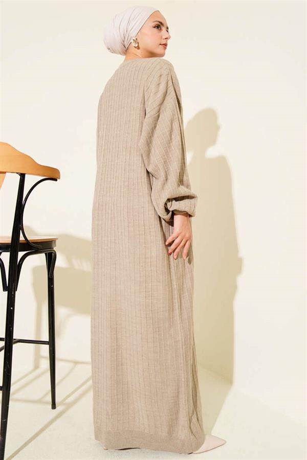 Thin Striped Casual Knit Dress Beige