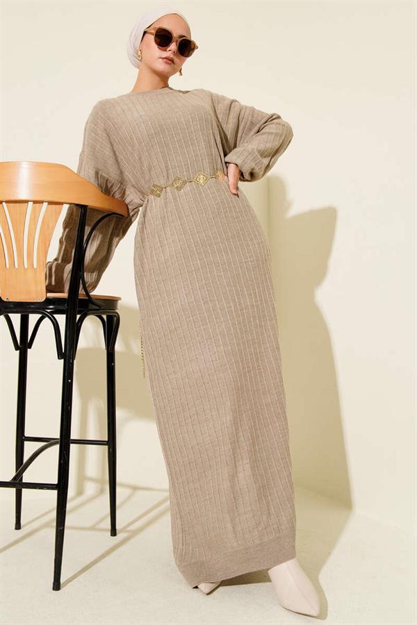 Thin Striped Casual Knit Dress Beige