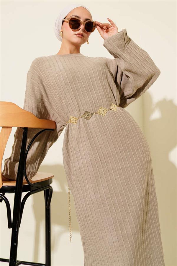 Thin Striped Casual Knit Dress Beige