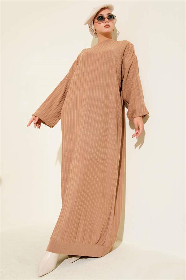 Thin Striped Casual Knit Dress Camel