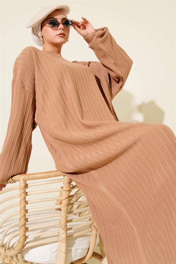 Thin Striped Casual Knit Dress Camel