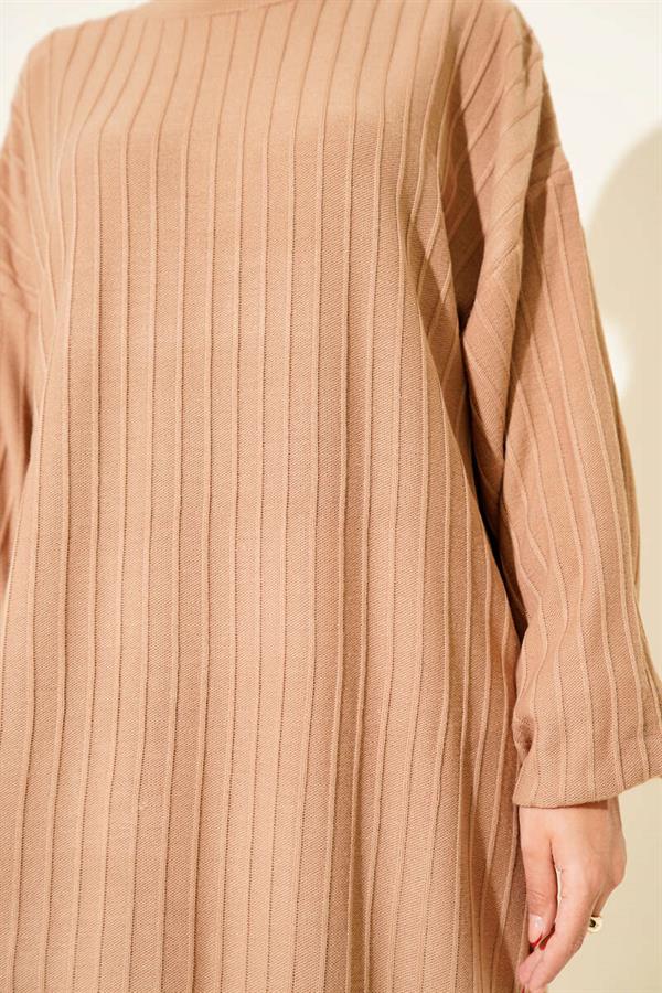 Thin Striped Casual Knit Dress Camel