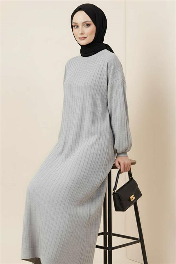 Slim Striped Casual Knit Dress Gray