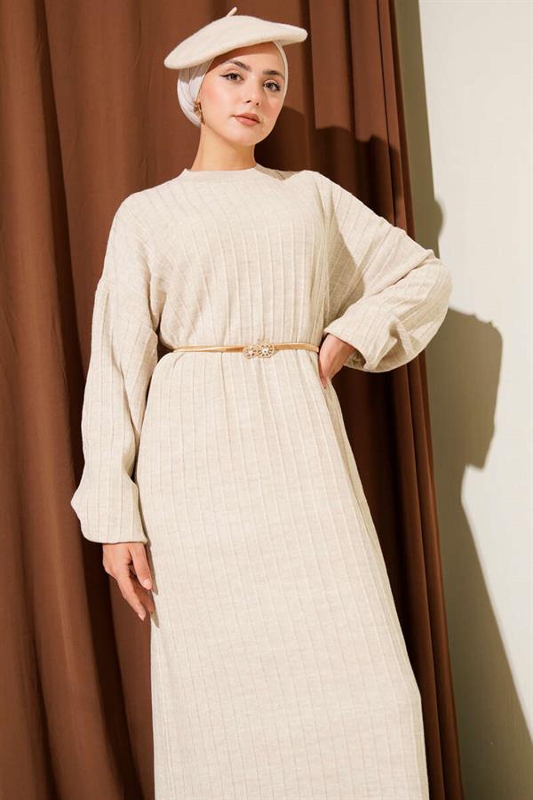 Loose Knitted Dress with Thin Stripes and Stone