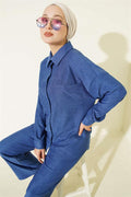 Thin Ribbed Pocket Shirt 2 Piece Set Navy Blue